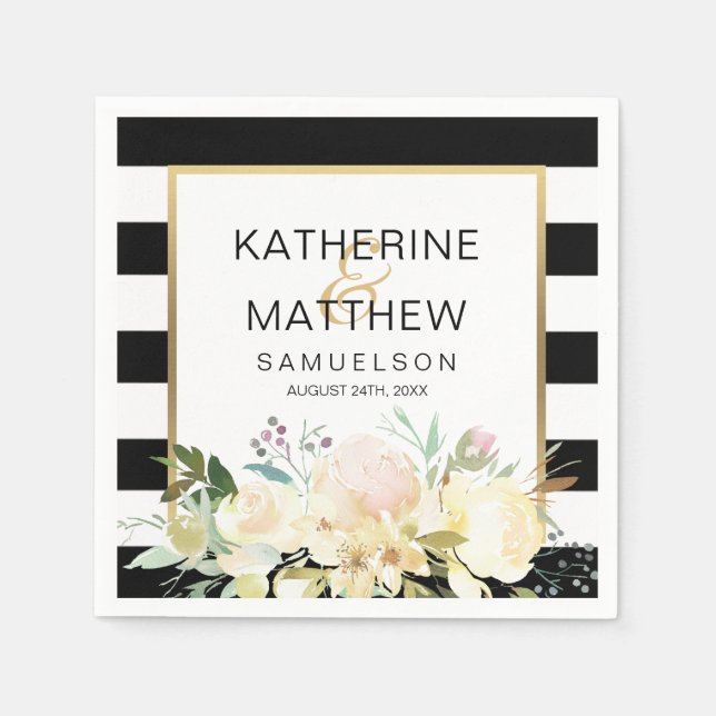 Guardanapo De Papel Casamento Dourado Floral Black White Stripes (Frente)
