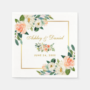 Guardanapo De Papel Casamento Dourado floral coral do quadro da