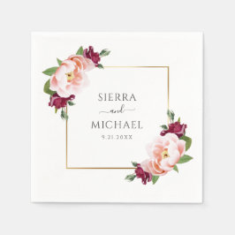 Guardanapo De Papel Casamento Dourado Floral de Blush Burgundy