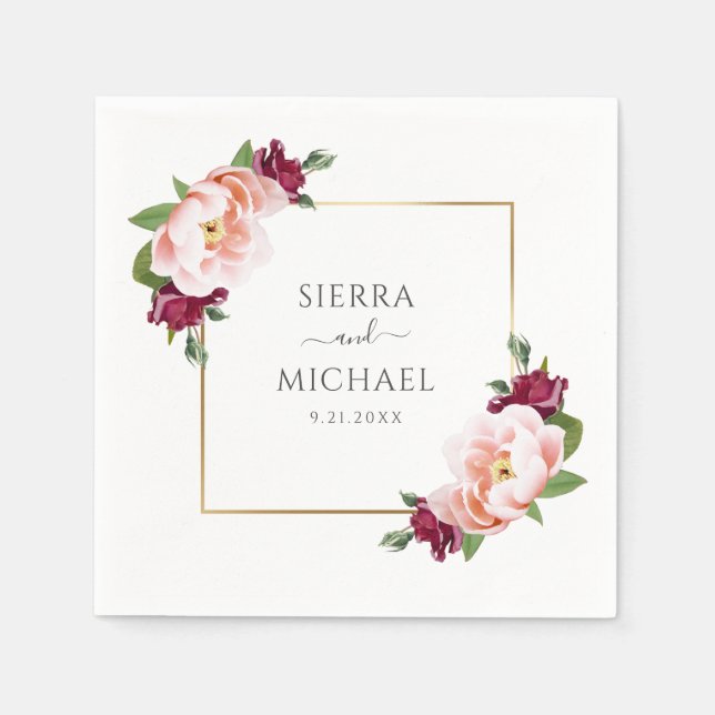 Guardanapo De Papel Casamento Dourado Floral de Blush Burgundy (Frente)