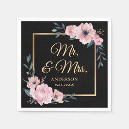 Guardanapo De Papel Casamento Dourado Floral Preto-Rosa-Blush Elegante