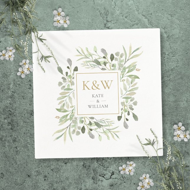 Guardanapo De Papel Casamento Dourado Monograma Verde por Aquarela (Gold Monogram Greenery Watercolor Wedding Napkins)