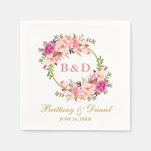 Guardanapo De Papel Casamento Dourado por monograma, cor-de-rosa-rosa (Frente)
