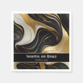 Guardanapo De Papel Casamento Dourado, Preto e Branco Marmoreado Elega