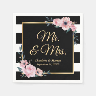 Guardanapo De Papel Casamento Dourado Rosa-Rosa-Rosa-Stripes Preto e B