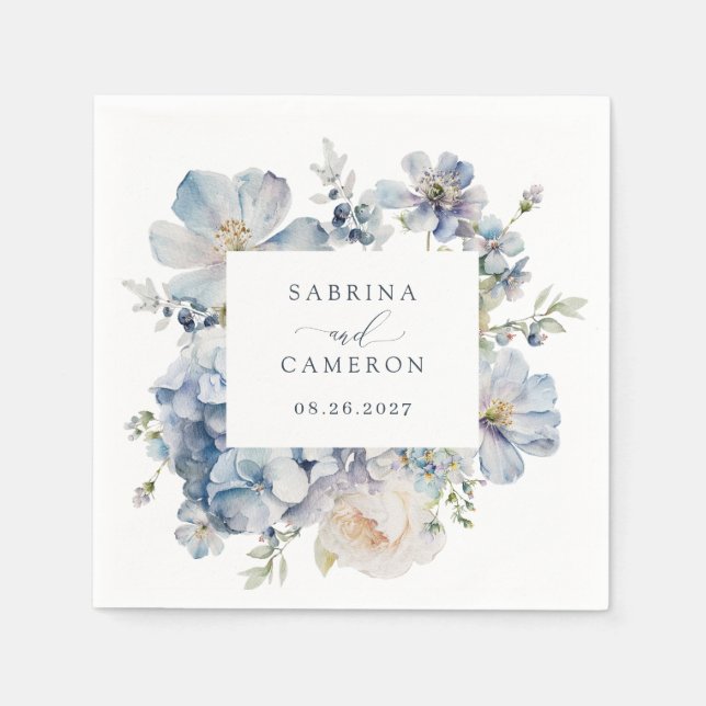 Guardanapo De Papel Casamento Elegante Azul-Dusty Floral (Frente)