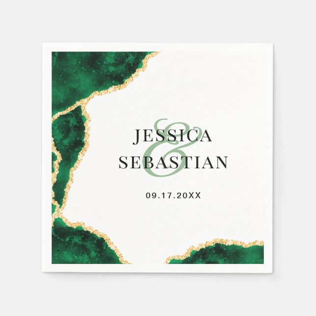 Guardanapo De Papel Casamento Elegante Branco da Agate Dourada Emerald (Frente)