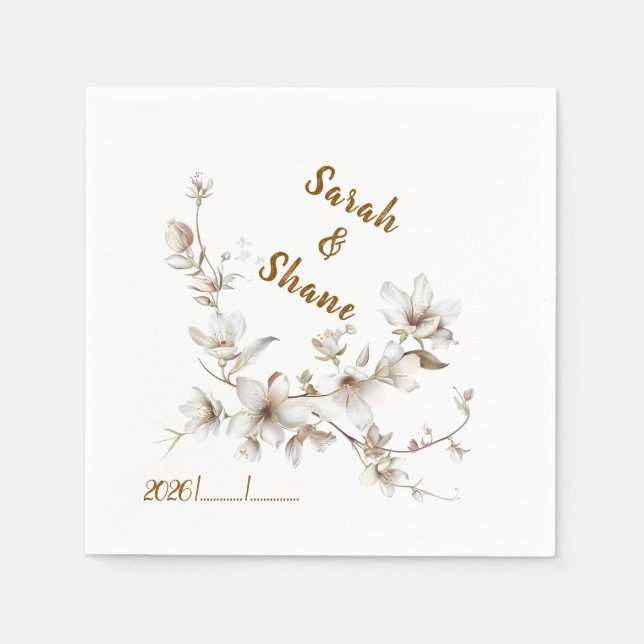 Guardanapo De Papel Casamento Elegante com Flor de Noiva Branca e Marf (Frente)