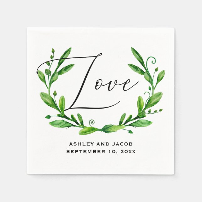 Guardanapo De Papel Casamento elegante com flores de verde script aqua (Frente)