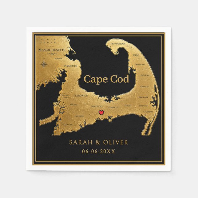 Guardanapo De Papel Casamento Elegante com Mapa de Cape Cod  (Frente)