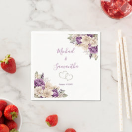 Guardanapo De Papel Casamento Elegante com Rosa Roxa e Marfim