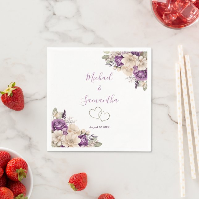 Guardanapo De Papel Casamento Elegante com Rosa Roxa e Marfim (Insitu)
