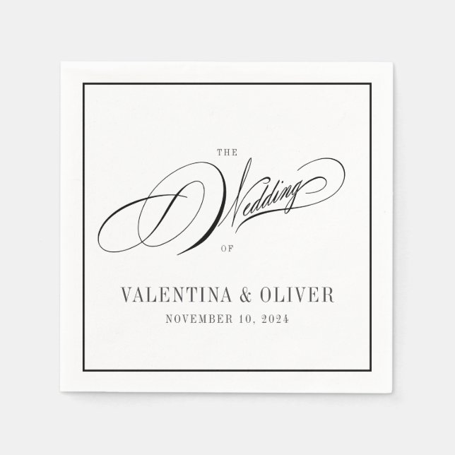 Guardanapo De Papel Casamento Elegante de Caligrafia Branca e Preta (Frente)