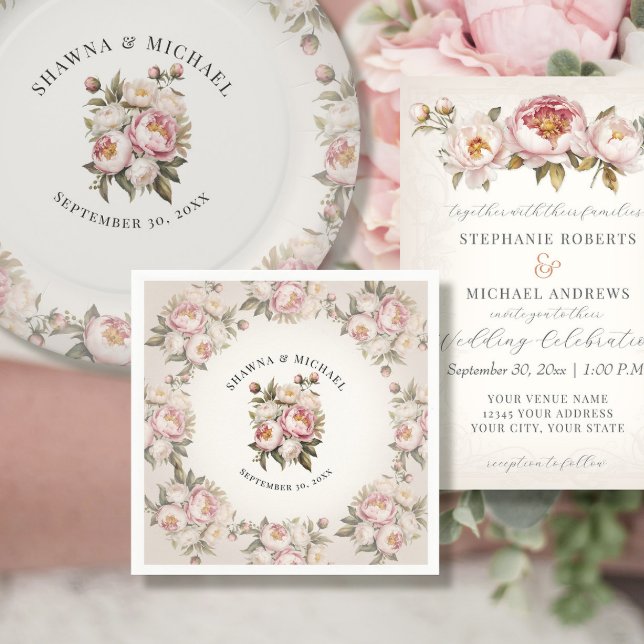 Guardanapo De Papel Casamento Elegante de Peony Rosa-Rosa Floral (Criador carregado)