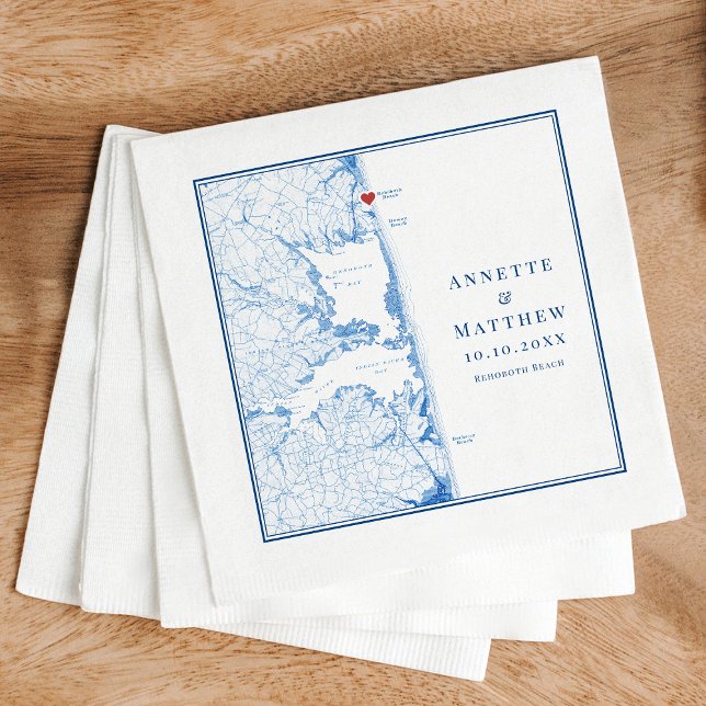 Guardanapo De Papel Casamento Elegante do Mapa de Marinhos de Rehoboth (Elegant Rehoboth Beach Delaware map custom napkins with navy blue map from Coastal Map Designs)