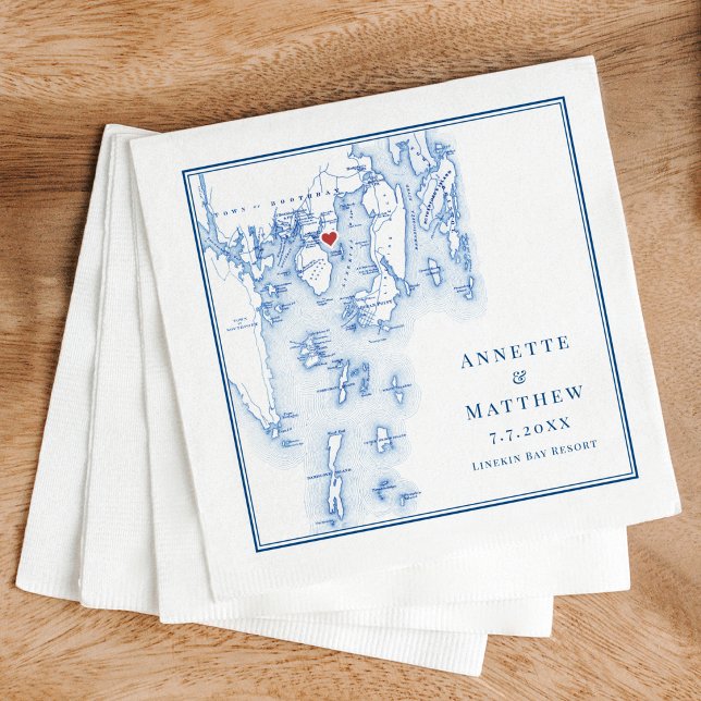 Guardanapo De Papel Casamento Elegante do Marinho Maine Map da Baía de (Linekin Bay Resort Wedding Cocktail Napkins navy blue Boothbay Harbor Map by Coastal Map Designs)