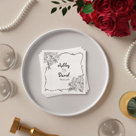 Guardanapo De Papel Casamento Elegante em Preto e Branco com Doodle Fl
