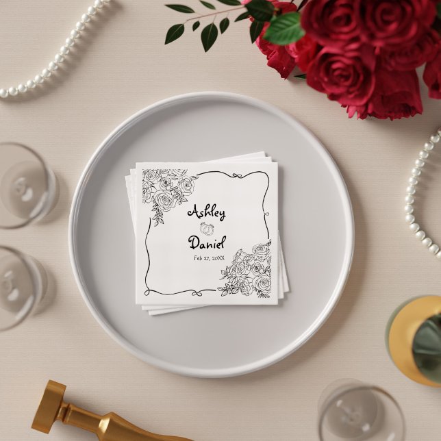 Guardanapo De Papel Casamento Elegante em Preto e Branco com Doodle Fl (Elegant Black and White Cute Floral Doodle Wedding Napkins)