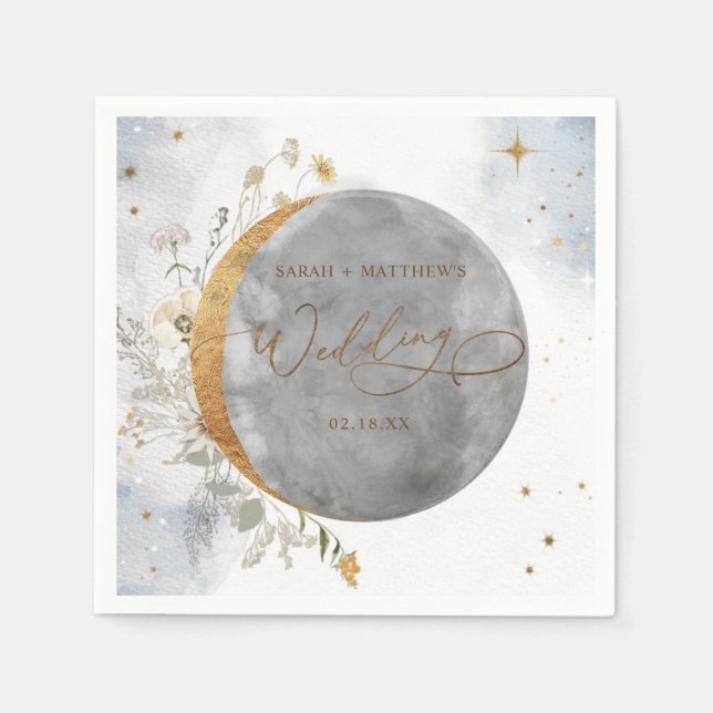 Guardanapo De Papel Casamento Elegante Lua Celestial e Estrelas Napkin (Frente)