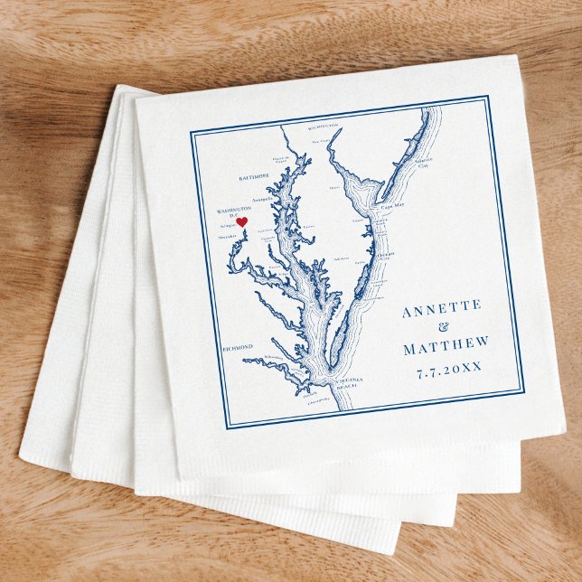 Guardanapo De Papel Casamento Elegante Mapa Azul Marinho de Washington (These Washington DC map custom wedding napkins are perfect for your DC destination wedding)