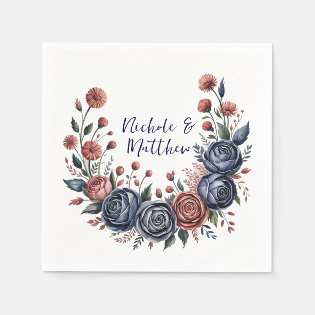 Guardanapo De Papel Casamento Elegante Marinho e Terracotta Florals (Frente)