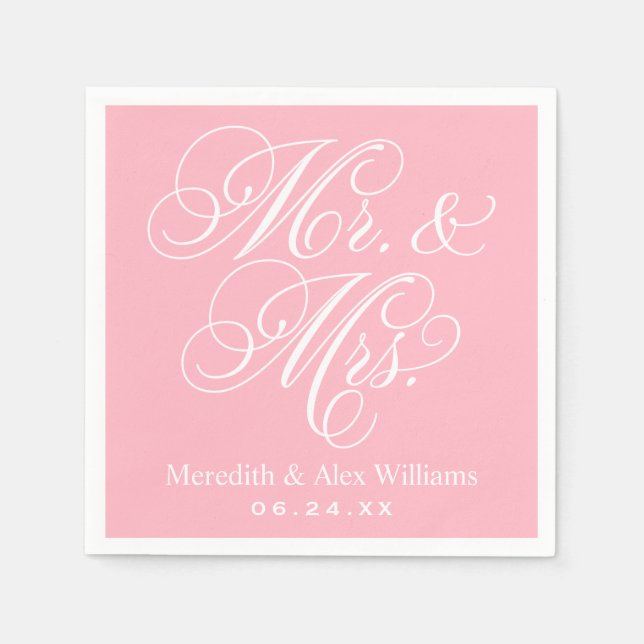 Guardanapo De Papel Casamento Elegante Rosa Script Mr e Mrs (Frente)