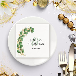 Guardanapo De Papel Casamento Elegante Verde Branco e Dourado Eucalypt