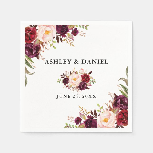 Guardanapo De Papel Casamento Elegante Watercolor Burgundy Floral (Frente)