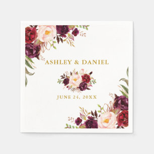 Guardanapo De Papel Casamento Elegante Watercolor Burgundy Floral Dour