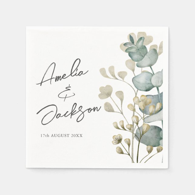 Guardanapo De Papel Casamento em Aquarela Eucalipto Verde Salvia (Frente)
