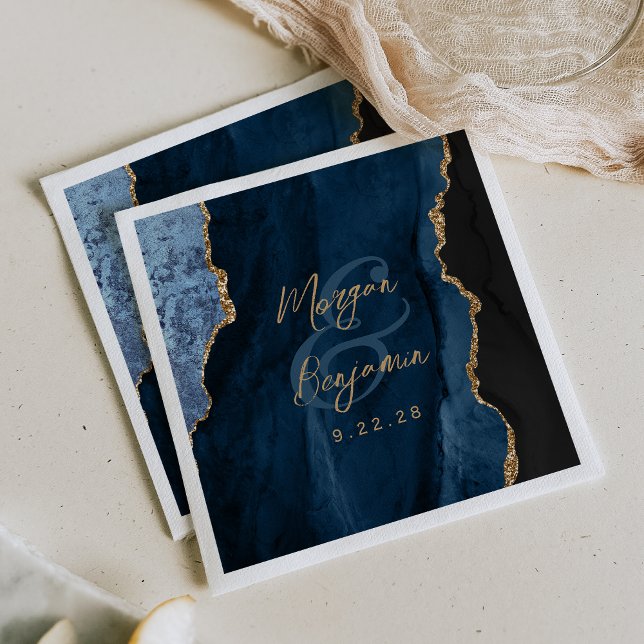 Guardanapo De Papel Casamento em Azul Naval Ágata Dourado Script (Criador carregado)