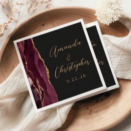 Guardanapo De Papel Casamento Escuro Ágata Borgonha Dourado Script