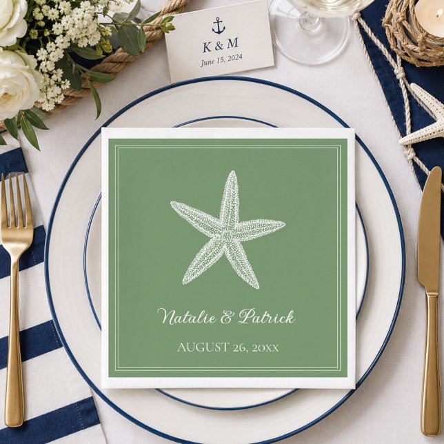 Guardanapo De Papel Casamento Estrela do Mar Verde Musgo (Moss Green Starfish Wedding Napkins)