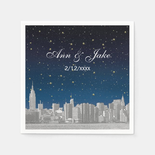 Guardanapo De Papel Casamento Estrelado Azul com Silhueta de NYC Grava (Frente)