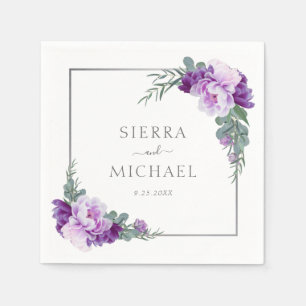 Guardanapo De Papel Casamento Eucalipto Floral Elegante Roxo e Prata