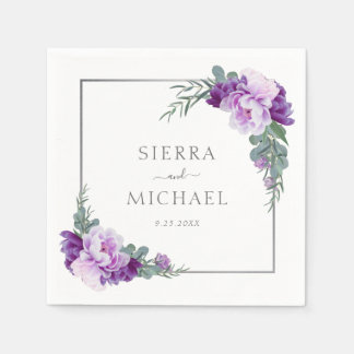 Guardanapo De Papel Casamento Eucalipto Floral Elegante Roxo e Prata