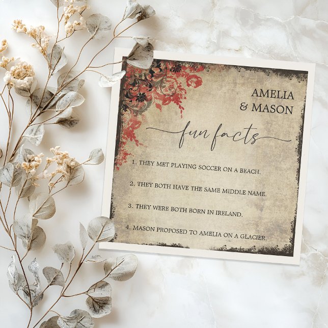 Guardanapo De Papel Casamento Fatos Divertidos Floral Vermelho Script  (Rustic Script Red Floral Fun Facts Wedding Napkins)