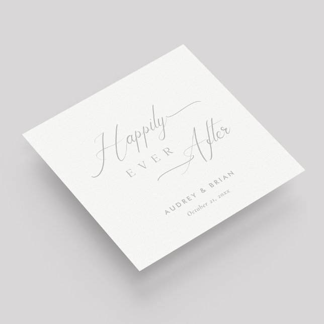 Guardanapo De Papel Casamento "Feliz Nunca Depois" de Prata Personaliz (Silver on White "Happily Ever After" Wedding Napkins)
