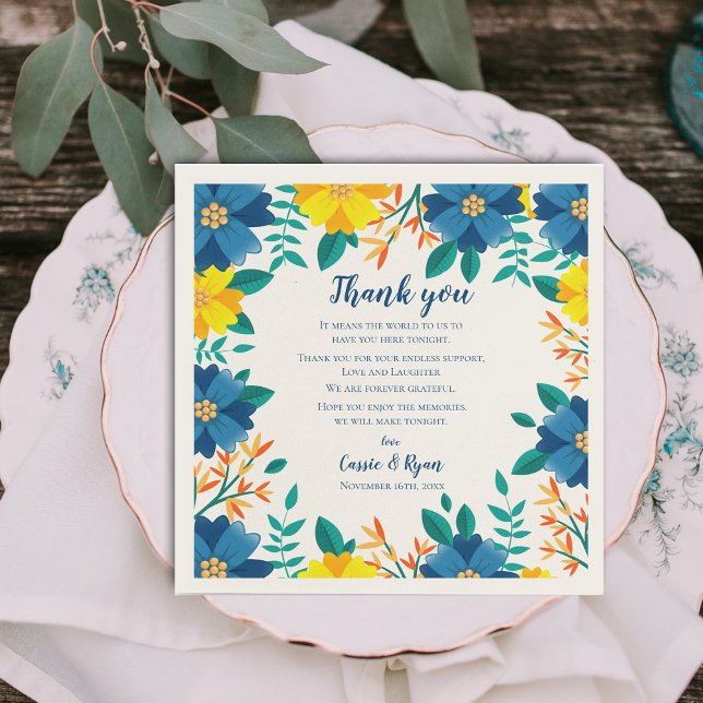 Guardanapo De Papel Casamento Floral Amarelo Chic - Obrigado Mensagem (Chic Blue Yellow Floral Wedding Thank you Message Napkins)