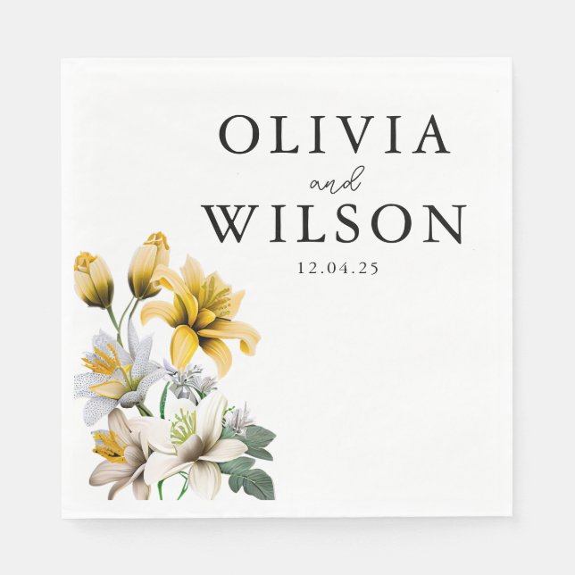 Guardanapo De Papel Casamento Floral Amarelo e Branco Elegante (Frente)
