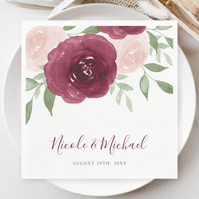 Guardanapo De Papel Casamento Floral Aquarela Borgonha (Criador carregado)
