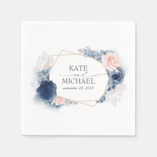 Guardanapo De Papel Casamento Floral Azul-Dusty-Rosa e Marinho