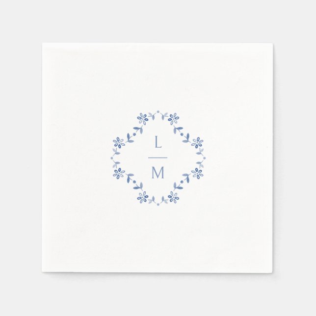 Guardanapo De Papel Casamento Floral Azul e Branco Monograma (Frente)