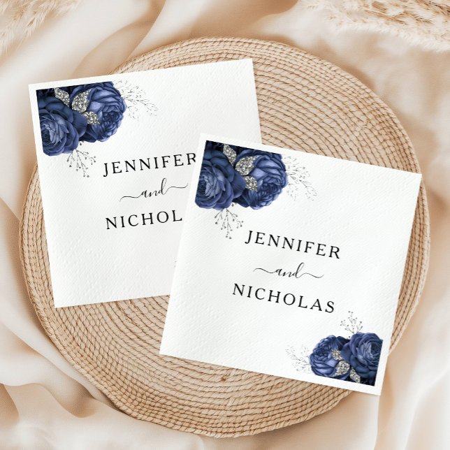 Guardanapo De Papel Casamento Floral Azul-Marinho Elegante (Elegant Navy Blue Floral Wedding Napkins)