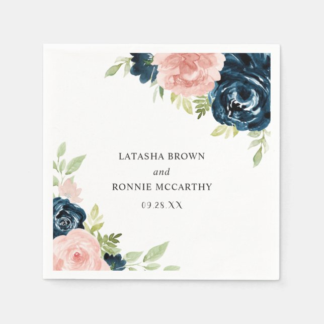 Guardanapo De Papel Casamento Floral Azul-Marinho-Rosa-Esmagador Elega (Frente)