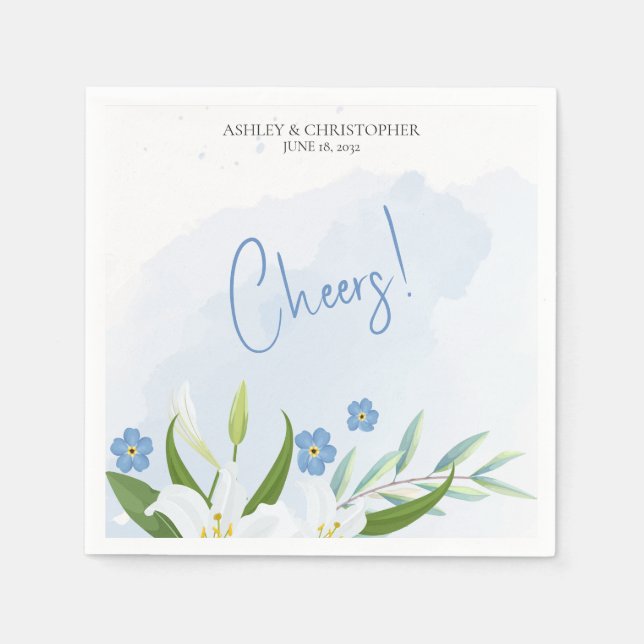 Guardanapo De Papel Casamento Floral Azul Moderno com Aquarela (Frente)