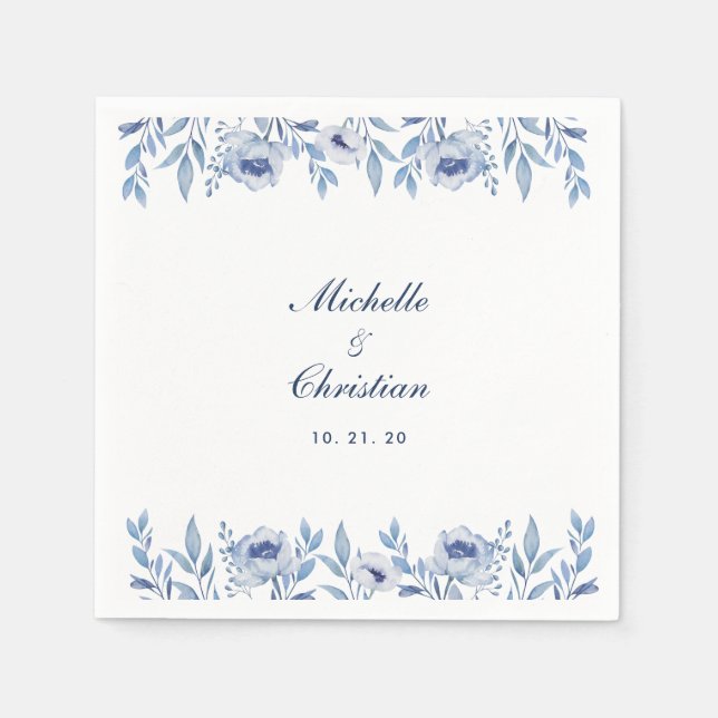 Guardanapo De Papel Casamento Floral Blue Watercolor Napkin (Frente)