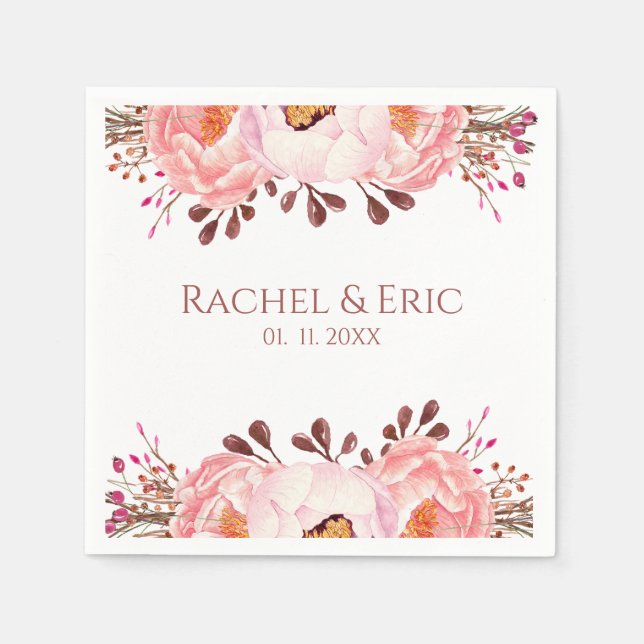 Guardanapo De Papel Casamento Floral Blush com Nomes Personalizados (Frente)