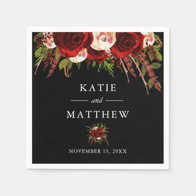 Guardanapo De Papel Casamento Floral Boho Preto Borgonha (Frente)
