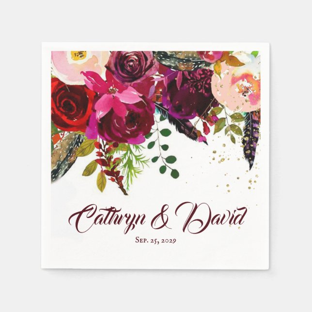 Guardanapo De Papel Casamento Floral Bold Boho Burgundy Personalizado (Frente)